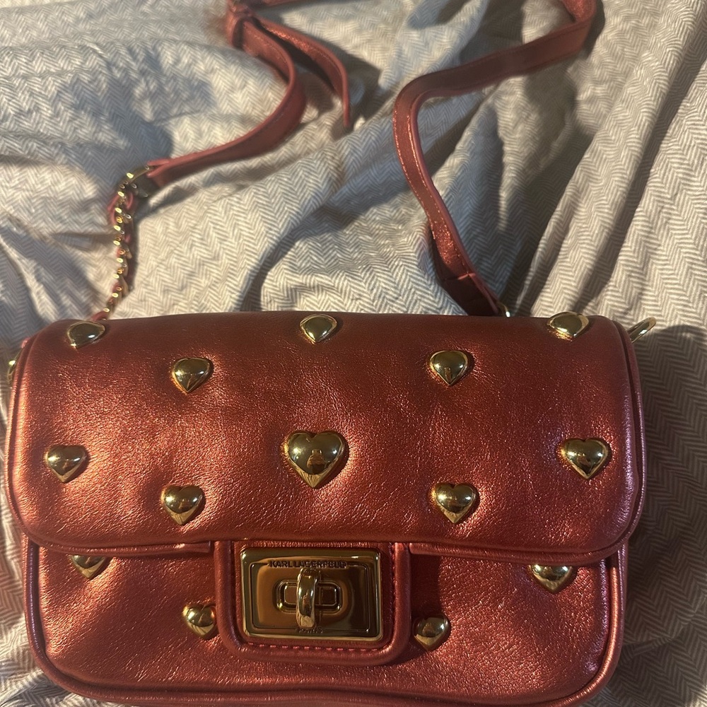Karl Lagerfeld Metallic Rose Gold Heart-Stud Crossbody Bag
